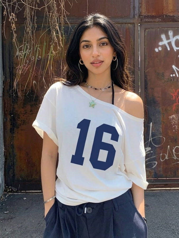 Women's Oversized Off-Shoulder Graphic T-Shirt – 76 Print | Relaxed Fit | White