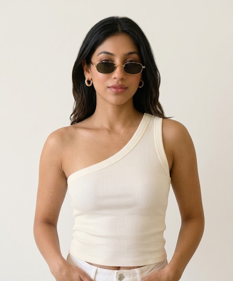 Prefit Pale Yellow One-Shoulder Ribbed Tank Top – Women's Asymmetric Sleeveless Top
