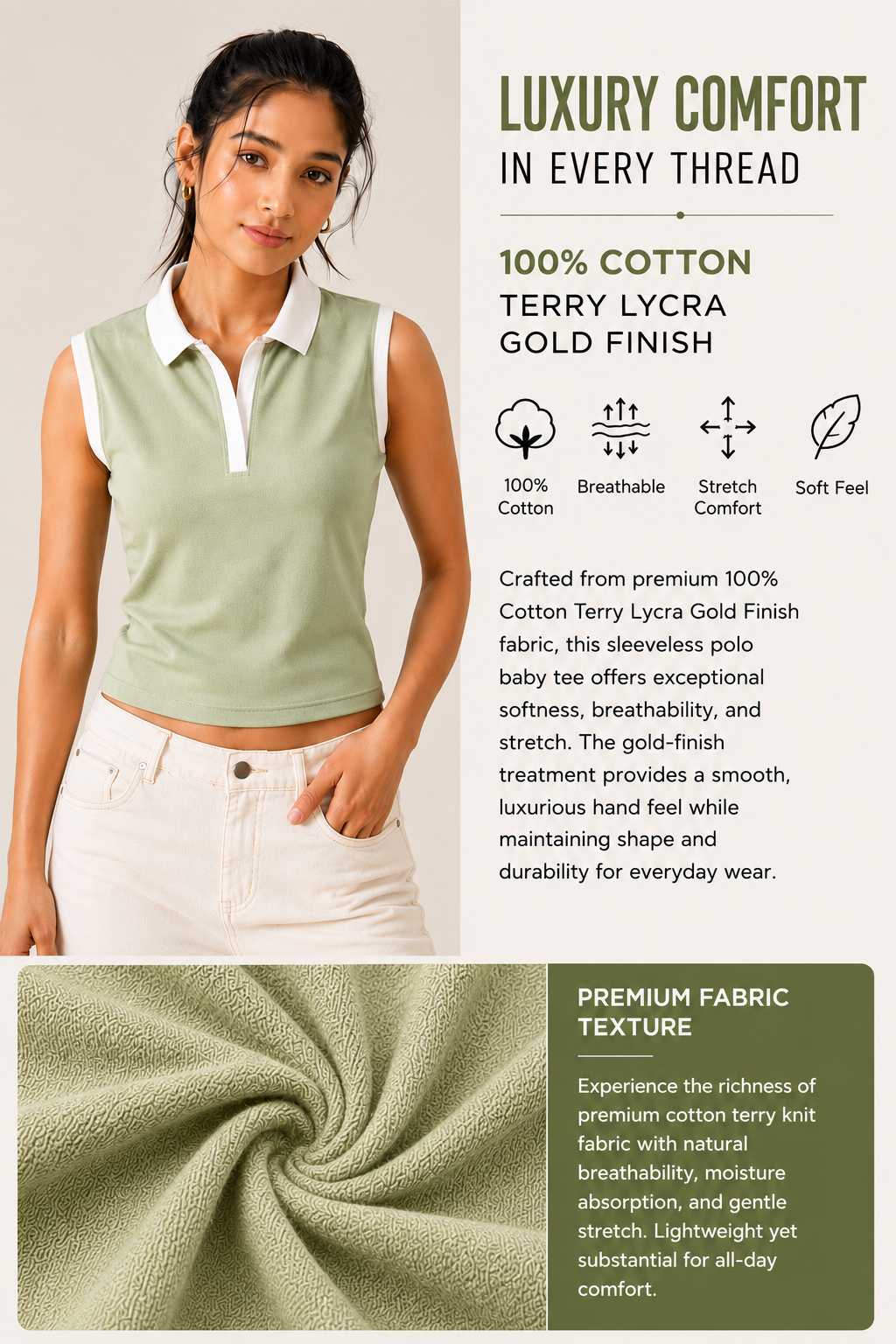 Prefit Women's Premium Baby Tee Polo Top | 240 GSM 100% Cotton Terry Gold Finish Lycra | Ribbed Collar & Placket | Sleeveless Slim Fit