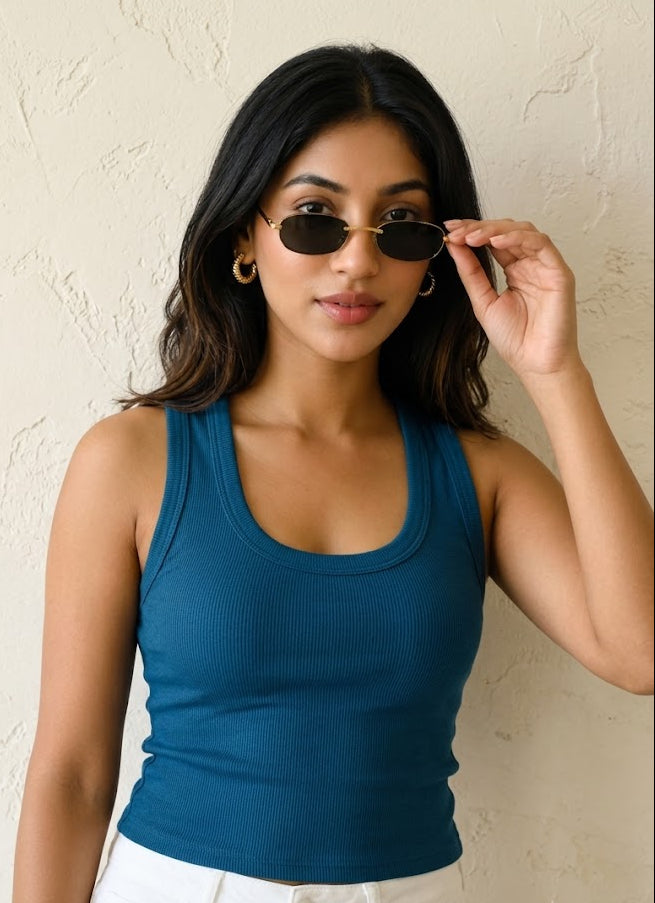 Prefit Women's Premium Ribbed Tank Top – Scoop Neck Cotton Sleeveless Top_Blue