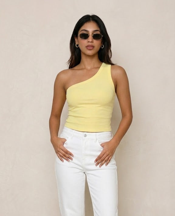 Prefit Pale Yellow One-Shoulder Ribbed Tank Top – Women's Asymmetric Sleeveless Top