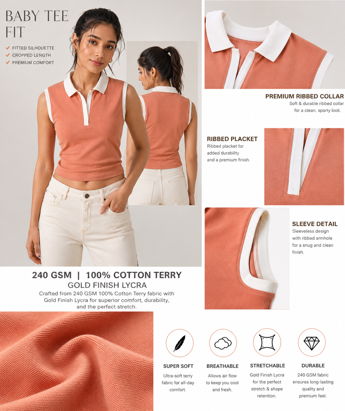 Prefit Women's Premium Baby Tee Polo Top | 240 GSM 100% Cotton Terry Gold Finish Lycra | Ribbed Collar & Placket | Sleeveless Slim Fit