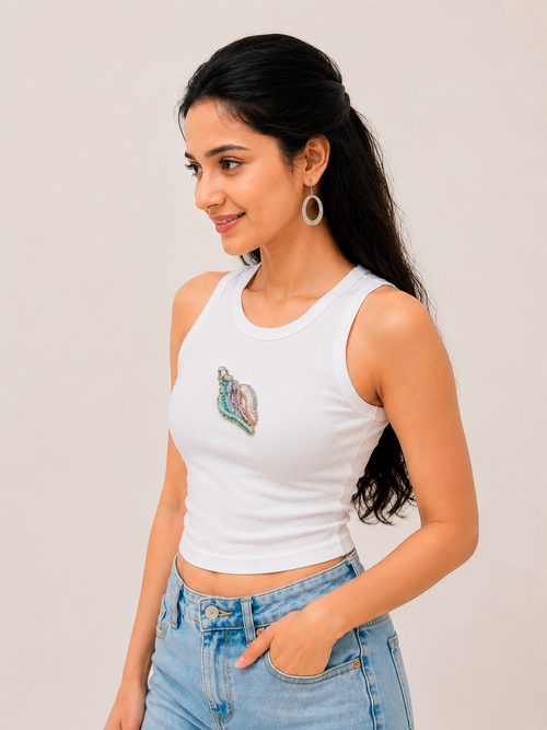Ocean Muse Luxury Embellished Tank – Beaded Shell Top for Women