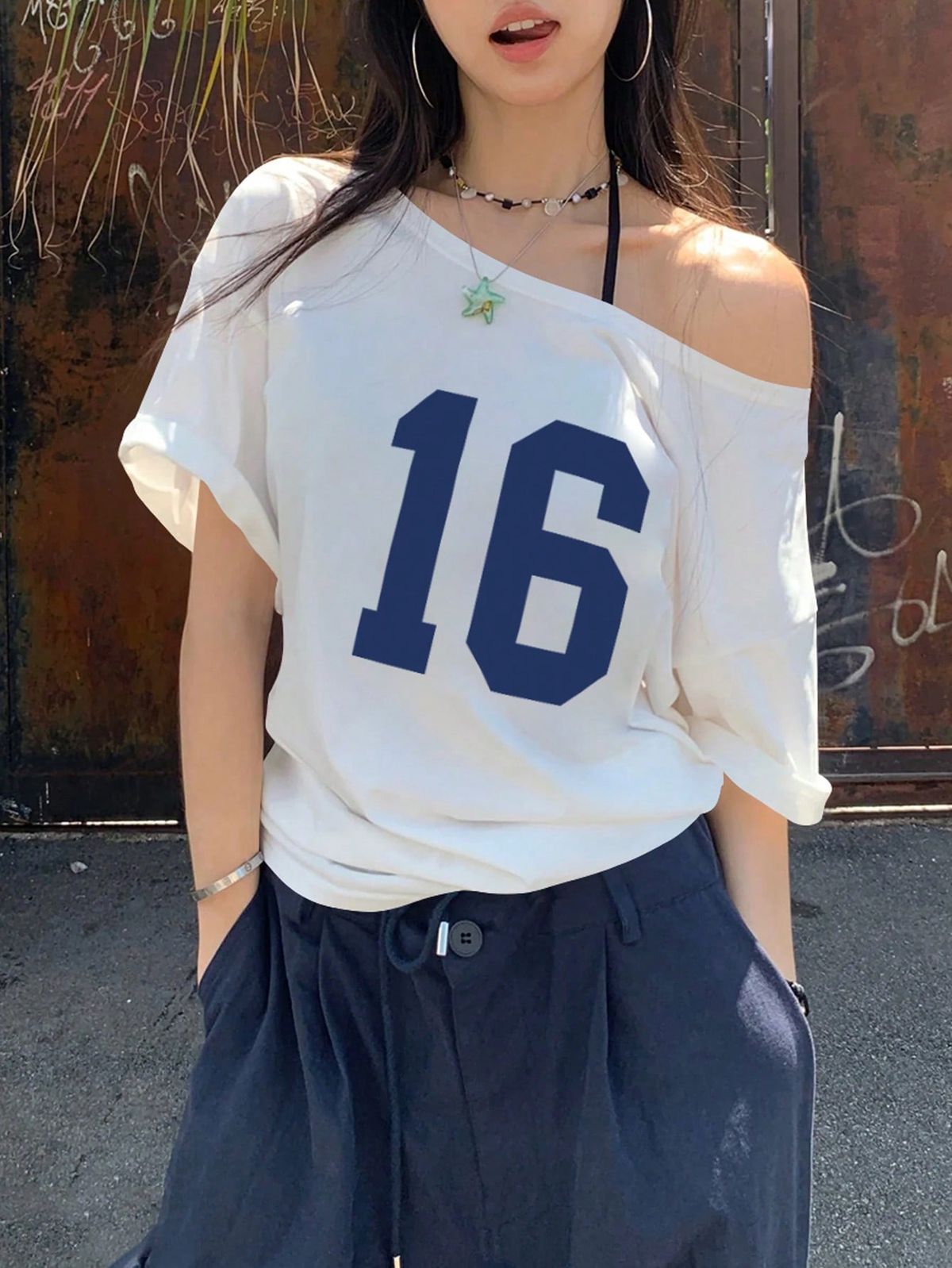 Women's Oversized Off-Shoulder Graphic T-Shirt – 76 Print | Relaxed Fit | White