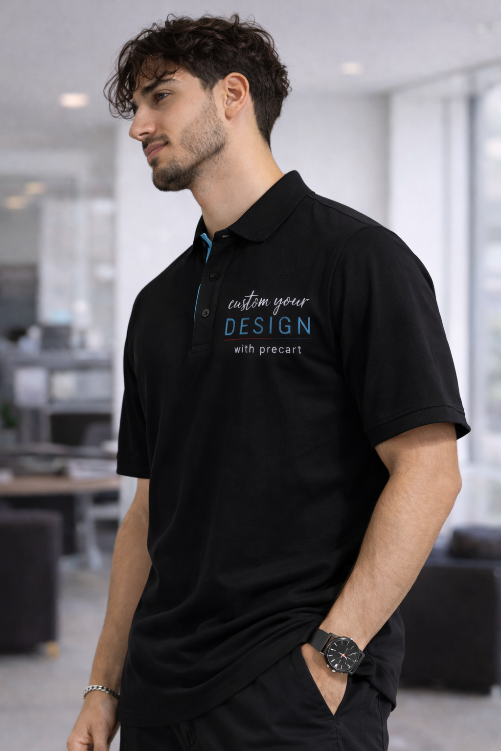 Signature Custom Polo Tee - Black with Sky Blue