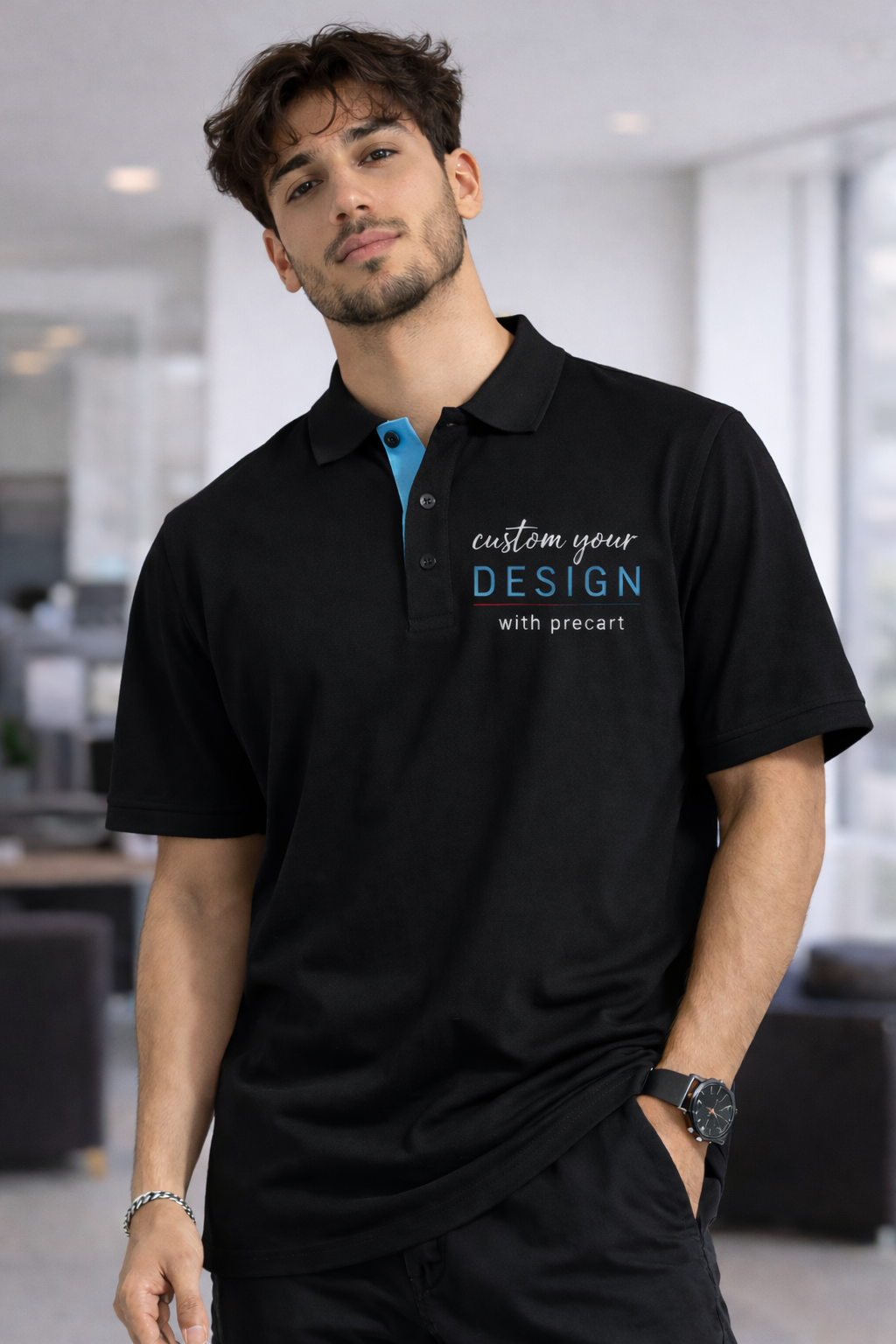 Signature Custom Polo Tee - Black with Sky Blue