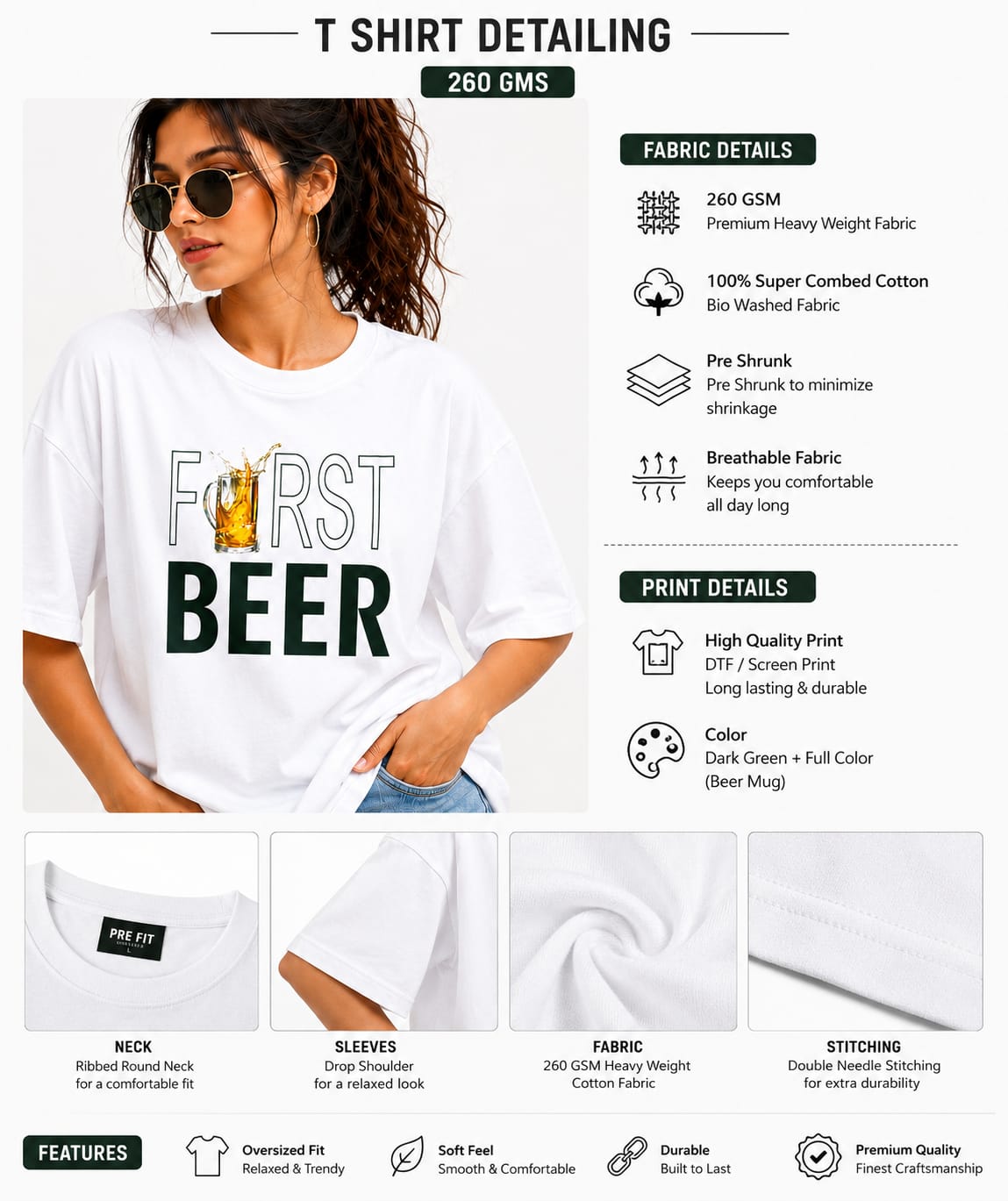"First Beer" Luxury 260 GSM Oversized Cotton T-Shirt off-white