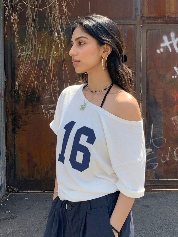 Women's Oversized Off-Shoulder Graphic T-Shirt – 76 Print | Relaxed Fit | White