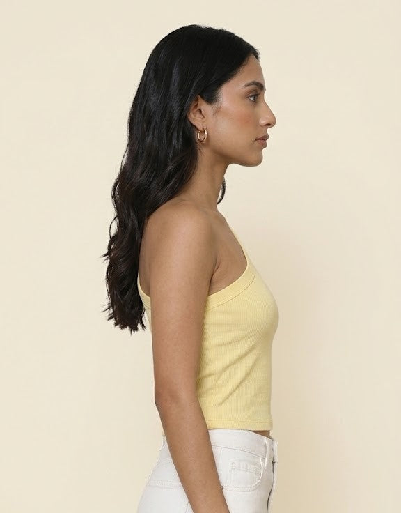 Prefit Pale Yellow One-Shoulder Ribbed Tank Top – Women's Asymmetric Sleeveless Top