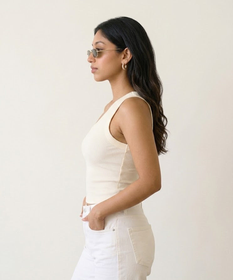 Prefit Pale Yellow One-Shoulder Ribbed Tank Top – Women's Asymmetric Sleeveless Top