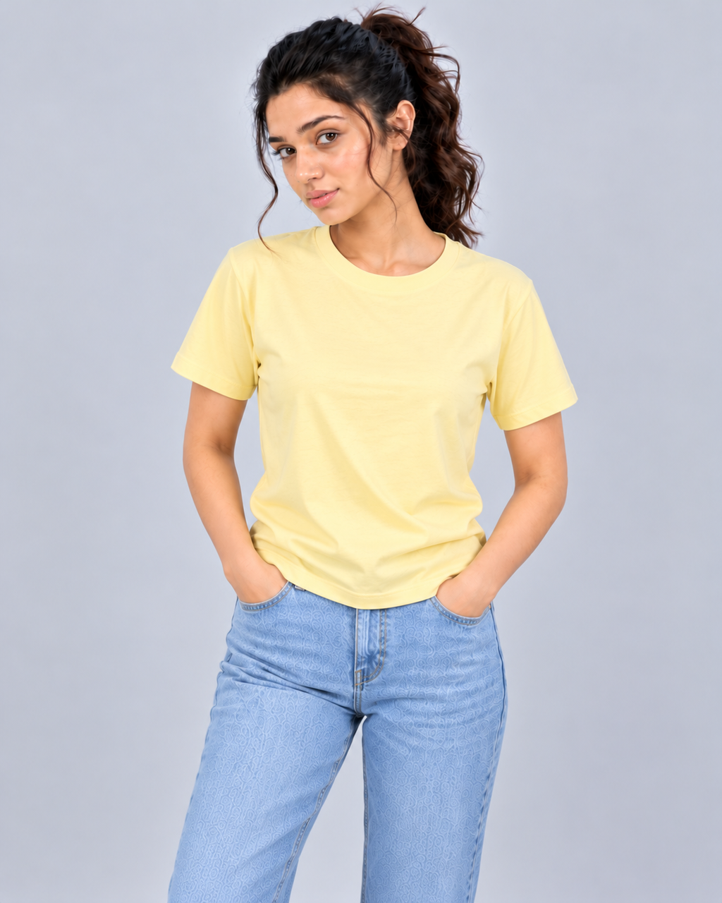 PREFIT women's regular fit round neck t-shirt – Butter Yellow – pose 1