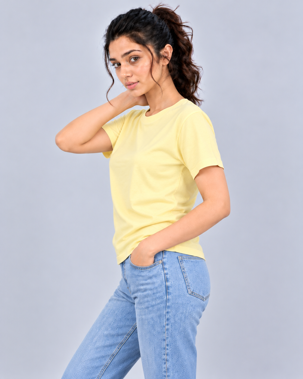 PREFIT women's regular fit round neck t-shirt – Butter Yellow – pose 2