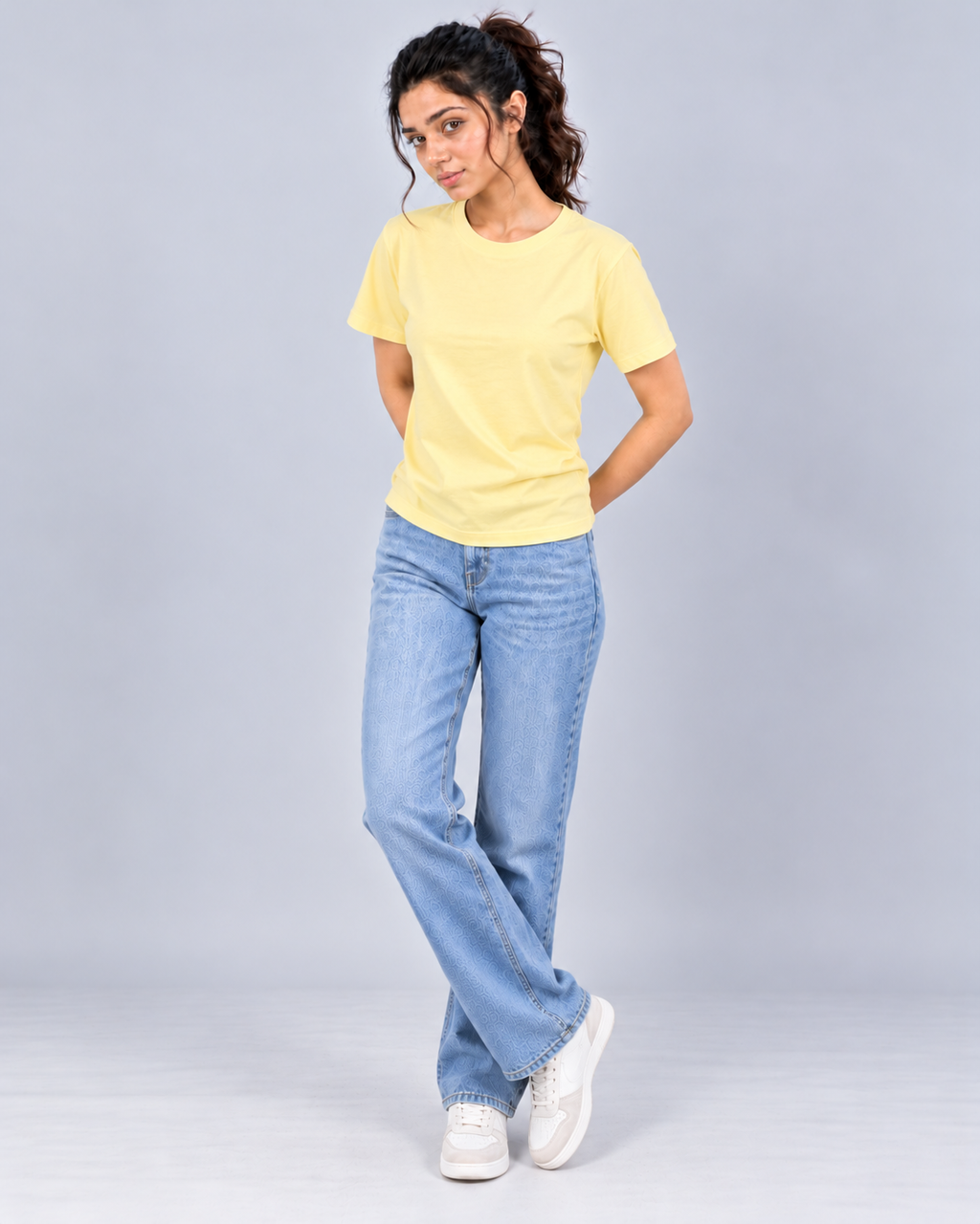 PREFIT women's regular fit round neck t-shirt – Butter Yellow – pose 3