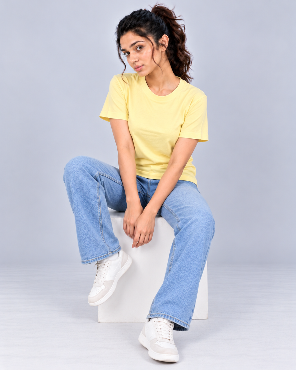 PREFIT women's regular fit round neck t-shirt – Butter Yellow – pose 4