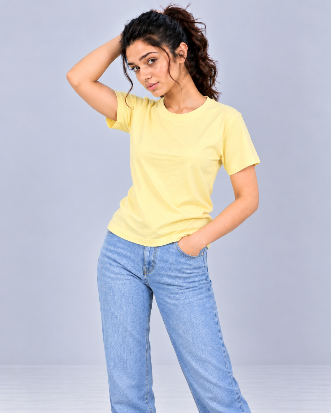 PREFIT women's regular fit round neck t-shirt – Butter Yellow – pose 5