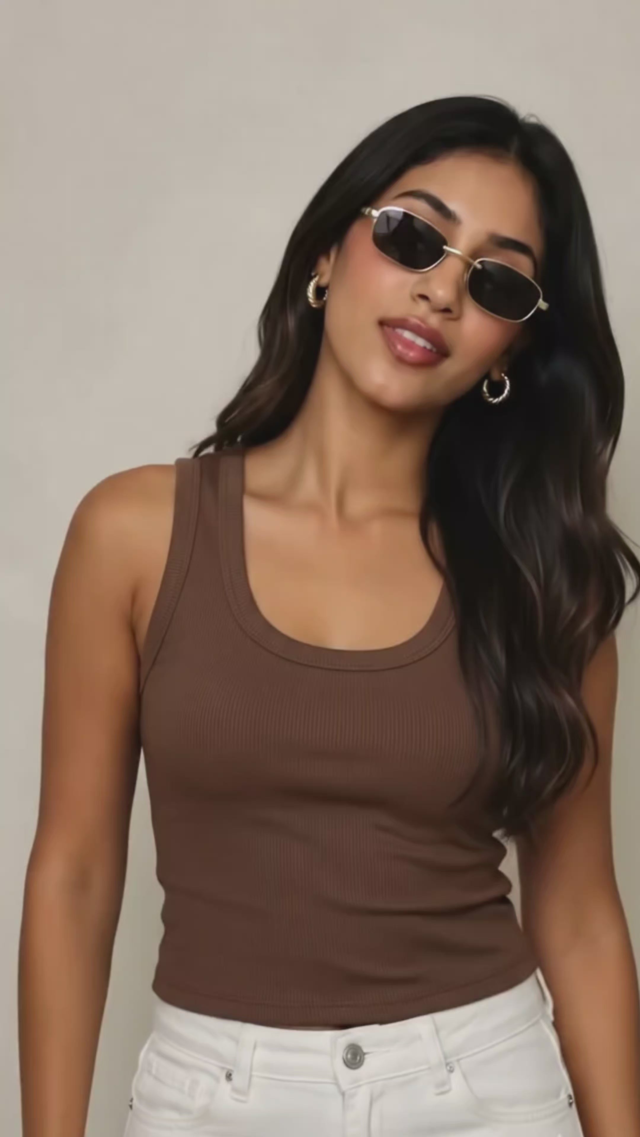 Prefit Women's Premium Ribbed Tank Top – Scoop Neck Cotton Sleeveless Top_Brown