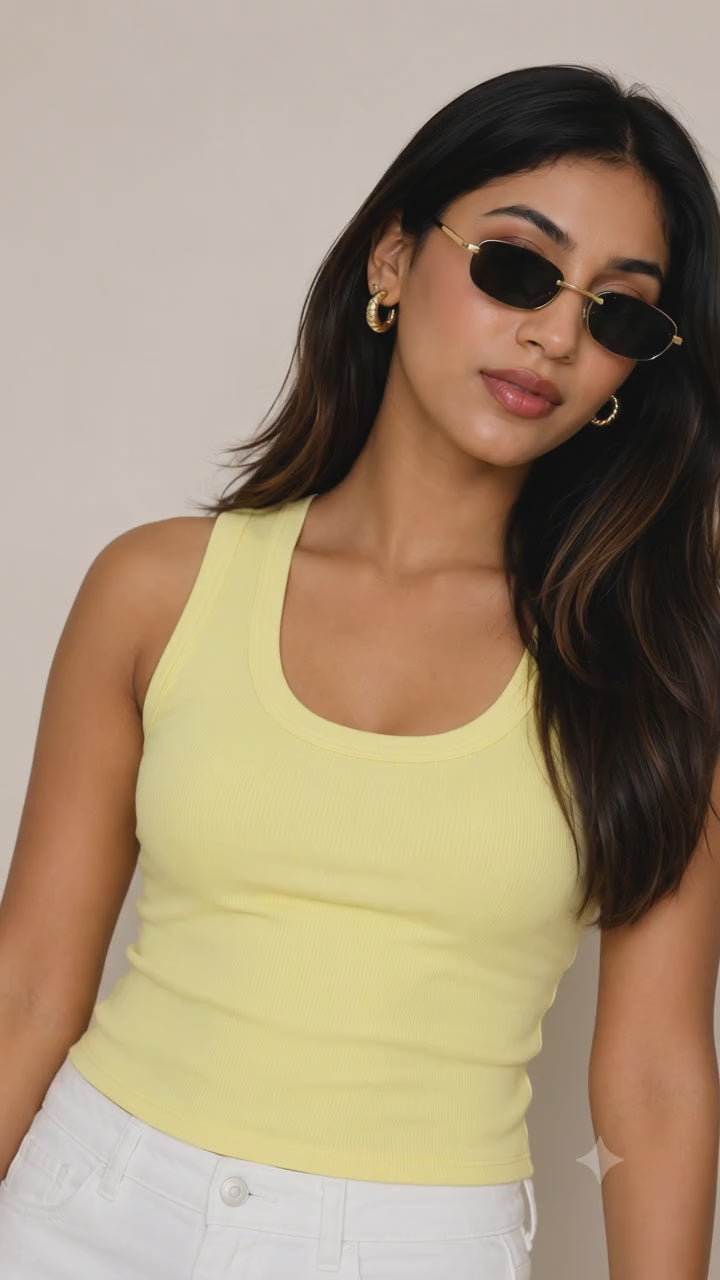 Prefit Women's Premium Ribbed Tank Top – Scoop Neck Cotton Sleeveless Top_Butter yellow